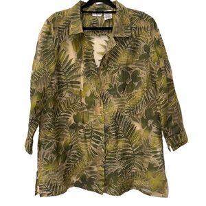 Liz Baker Tropical Aloha Leaf Print Sheer Beaded Embroidered Button Up Green Top